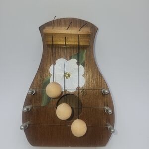 Vintage wood Door Harp Musical 3 String Wooden Magnolia Flowers